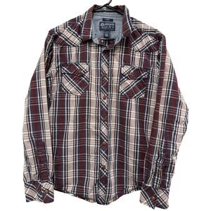 American Rag Mens Plaid Long Sleeve Western Shirt Large Burgundy Blue White